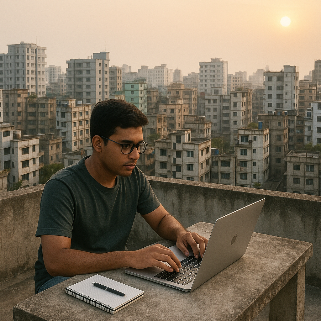 Working on international client content from a rooftop in Kafrul, Dhaka.