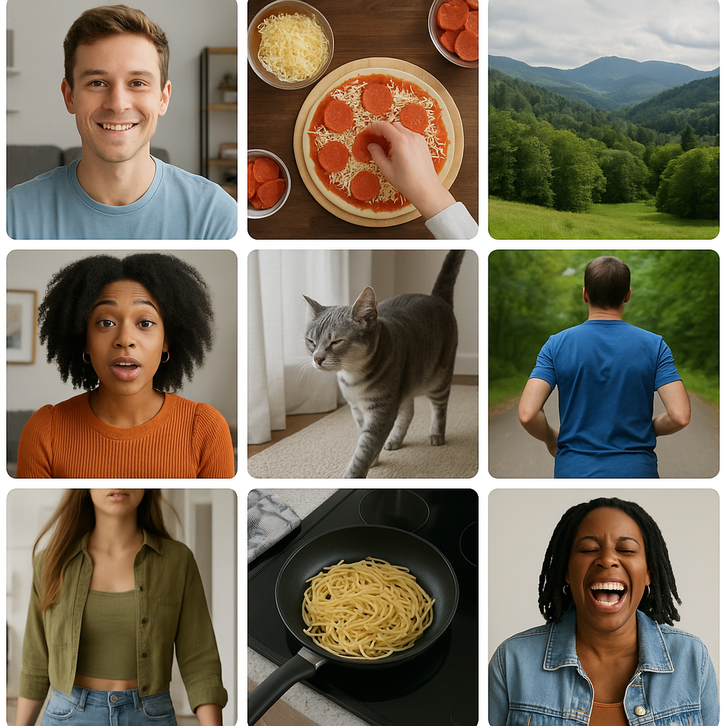 Frame zero comparison across nine short-form videos, illustrating the difference between deliberate and accidental opening stills.