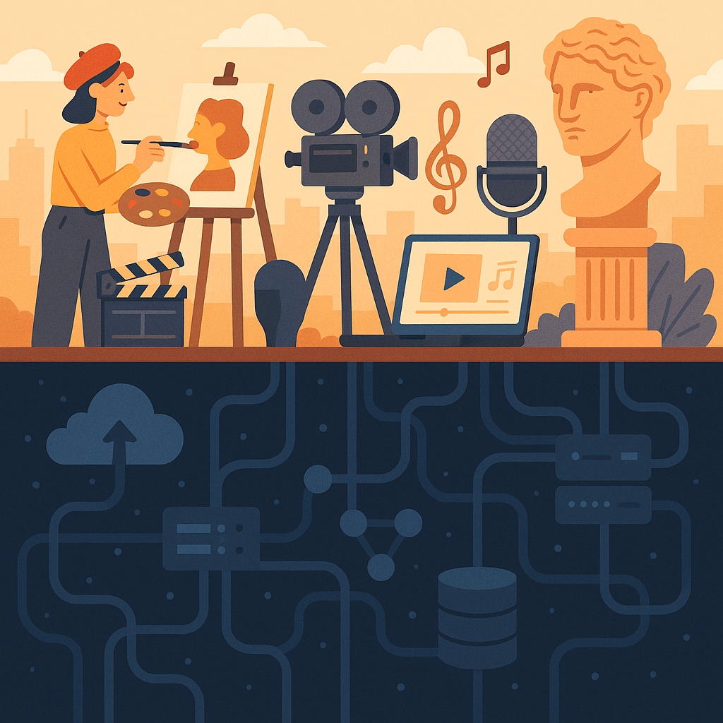 The visible side of the global creative industry next to the invisible infrastructure that supports it.
