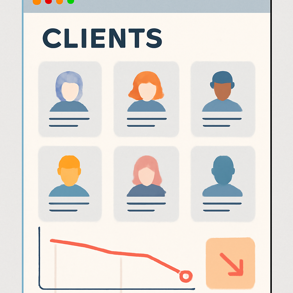 A dashboard showing six active clients alongside an end-of-month account balance lower than the prior month.