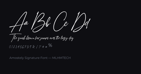 Amostely Signature Font typeface specimen — alphabet and sample text