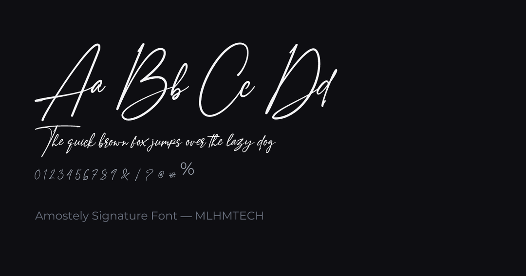 Amostely Signature Font typeface specimen — alphabet and sample text