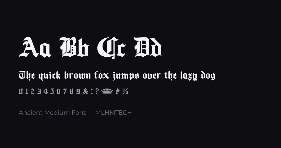 Ancient Medium Font typeface specimen — alphabet and sample text