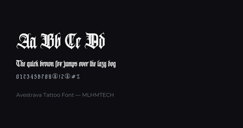 Avestrava Tattoo Font typeface specimen — alphabet and sample text