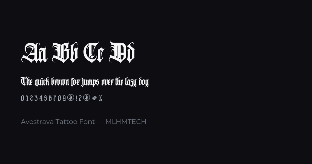 Avestrava Tattoo Font typeface specimen — alphabet and sample text