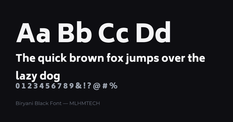 Biryani Black Font typeface specimen — alphabet and sample text