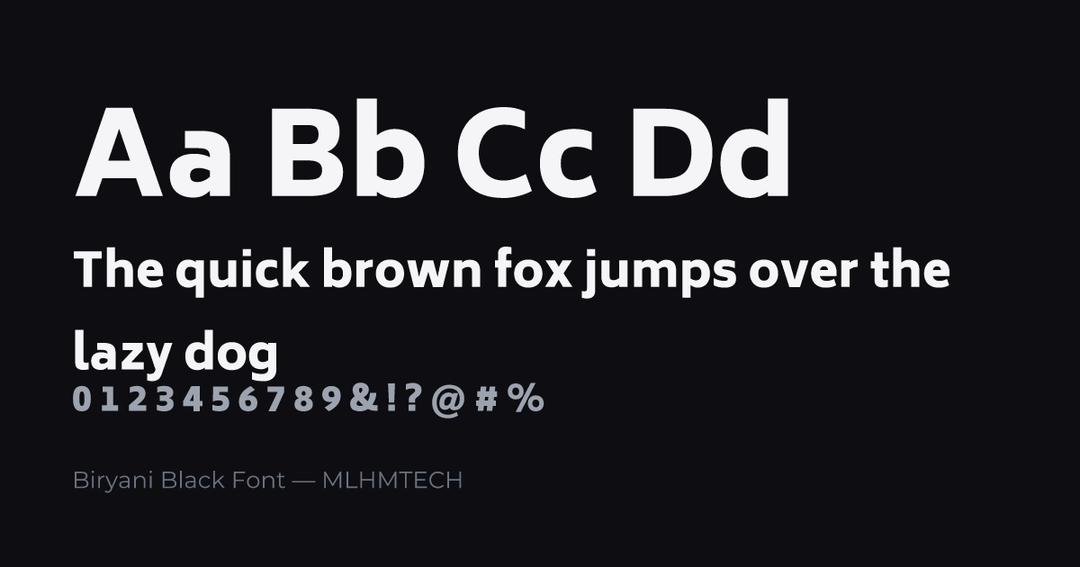 Biryani Black Font typeface specimen — alphabet and sample text
