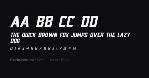 Blocktastic Italic Font typeface specimen — alphabet and sample text