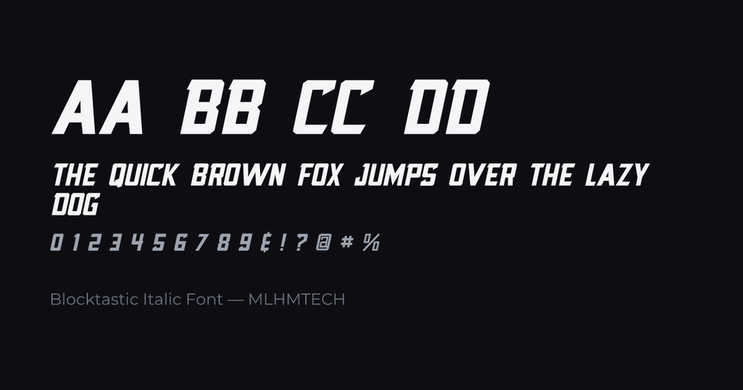 Blocktastic Italic Font typeface specimen — alphabet and sample text