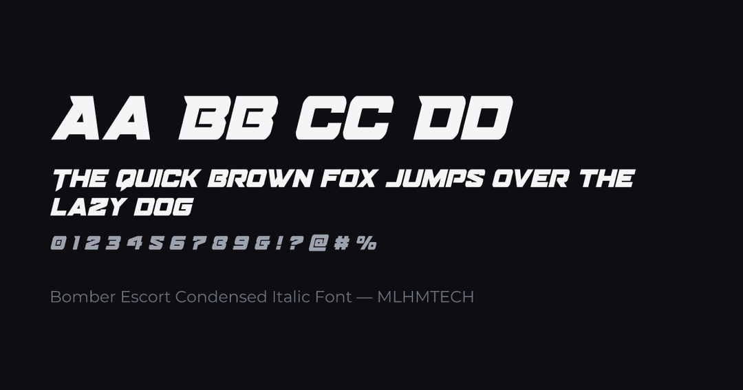 Bomber Escort Condensed Italic Font typeface specimen — alphabet and sample text