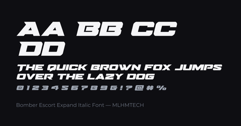 Bomber Escort Expand Italic Font typeface specimen — alphabet and sample text
