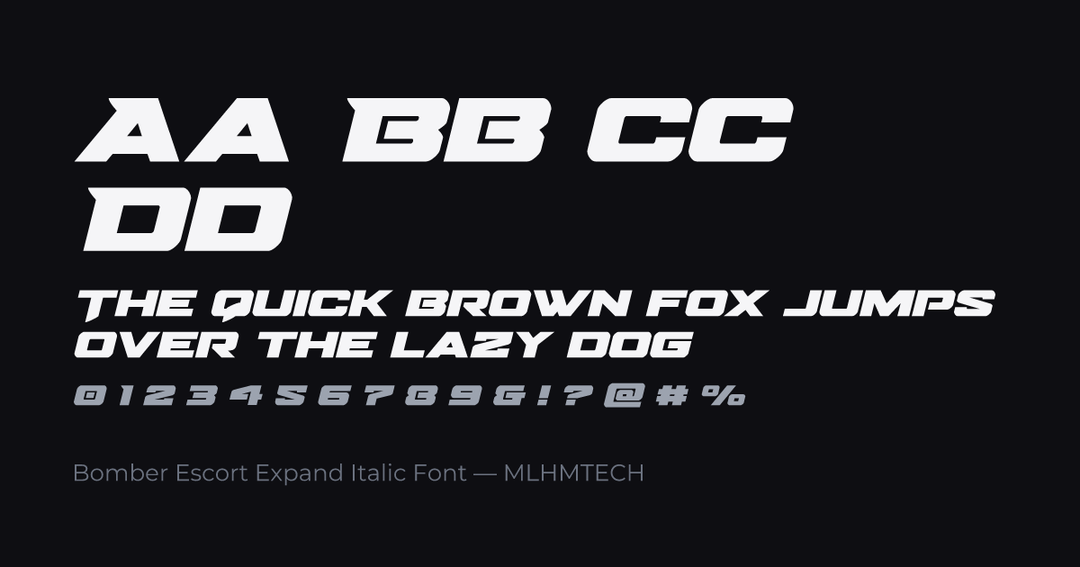Bomber Escort Expand Italic Font typeface specimen — alphabet and sample text