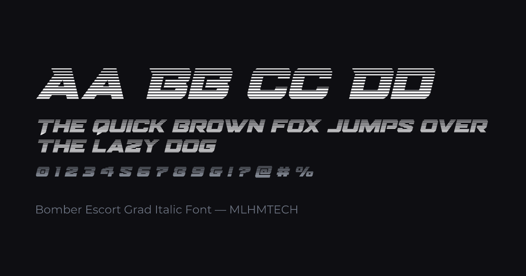 Bomber Escort Grad Italic Font typeface specimen — alphabet and sample text