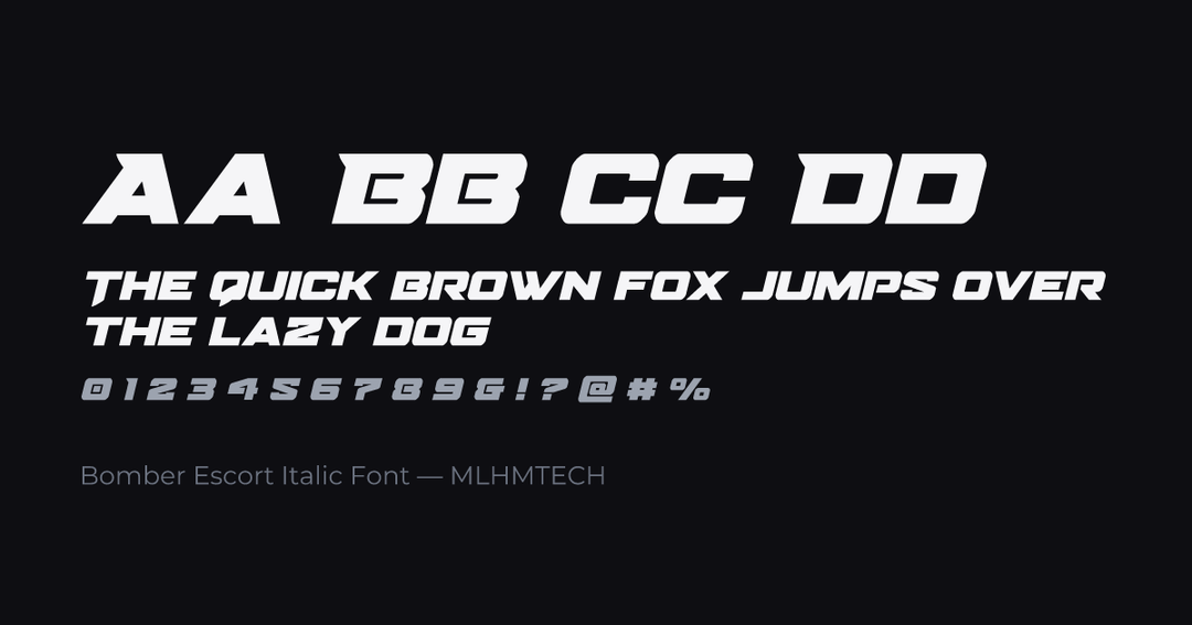 Bomber Escort Italic Font typeface specimen — alphabet and sample text