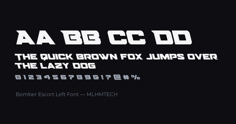 Bomber Escort Left Font typeface specimen — alphabet and sample text