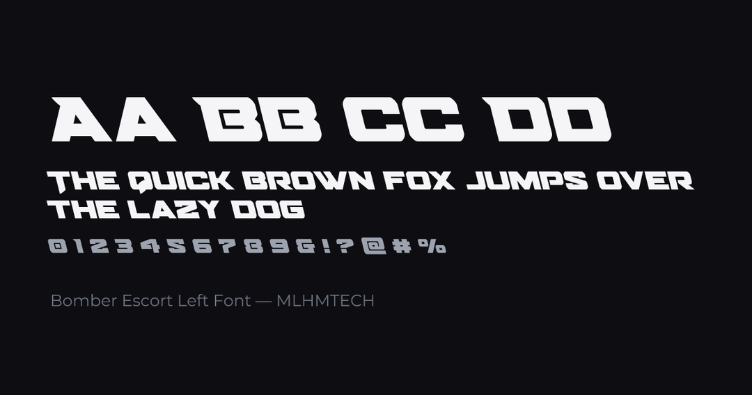 Bomber Escort Left Font typeface specimen — alphabet and sample text