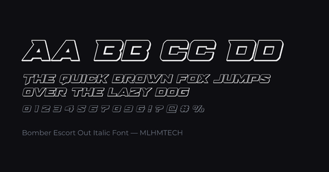 Bomber Escort Out Italic Font typeface specimen — alphabet and sample text