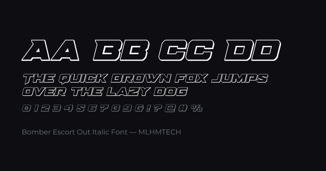 Bomber Escort Out Italic Font typeface specimen — alphabet and sample text