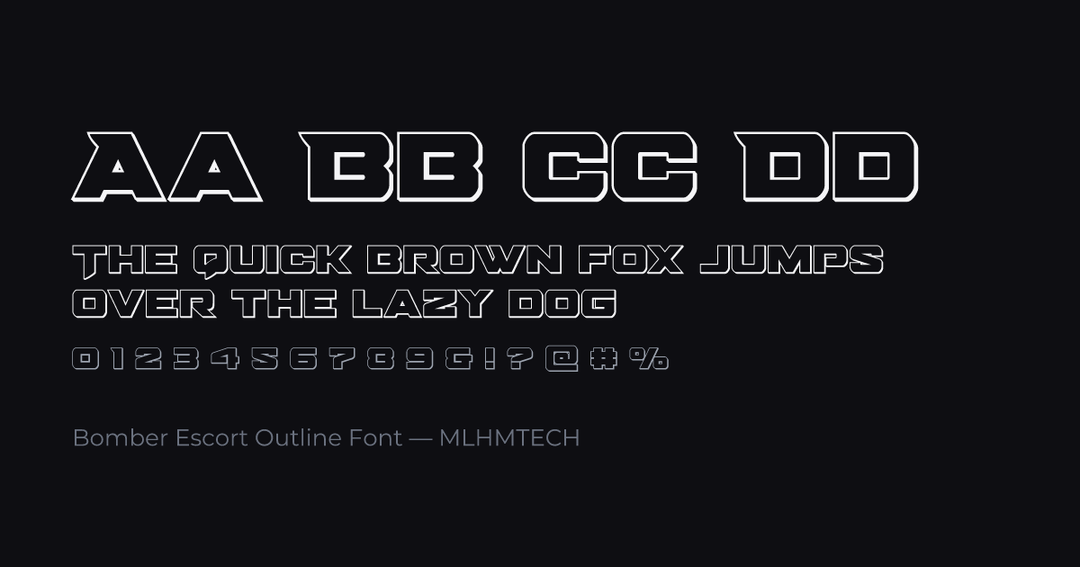 Bomber Escort Outline Font typeface specimen — alphabet and sample text