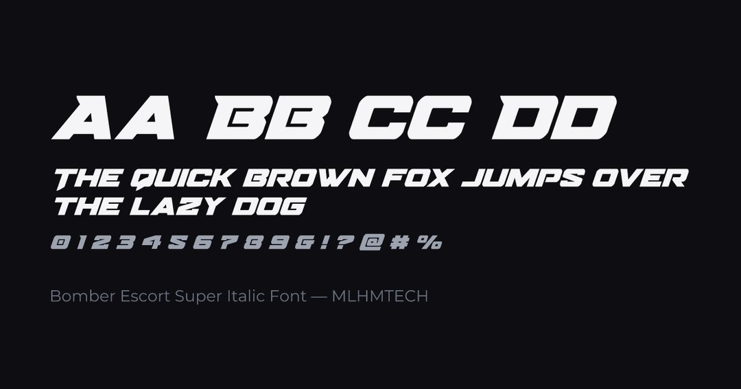 Bomber Escort Super Italic Font typeface specimen — alphabet and sample text