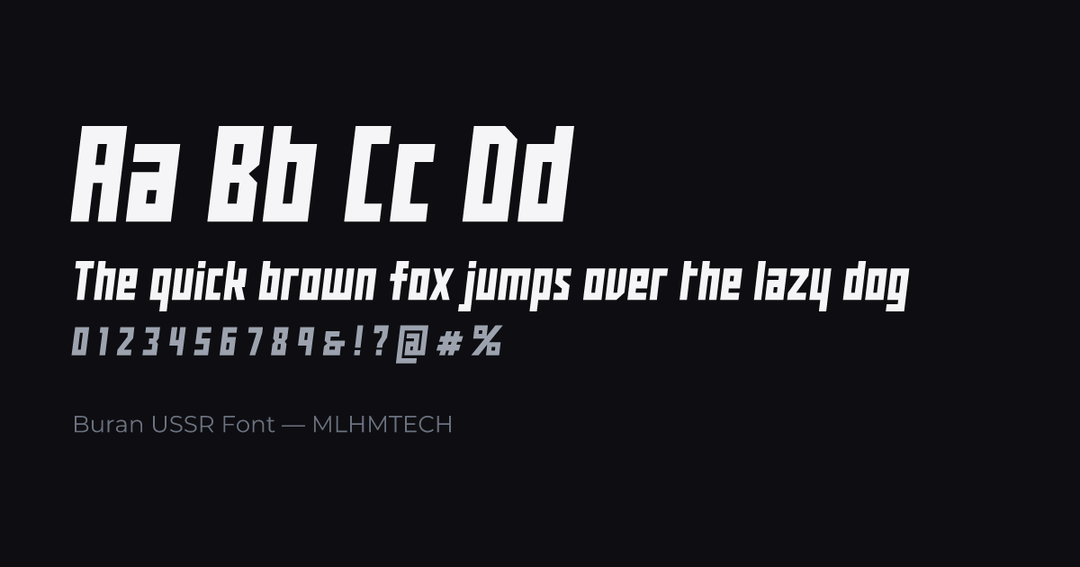 Buran USSR Font typeface specimen — alphabet and sample text