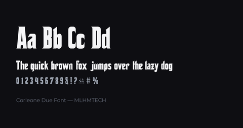 Corleone Due Font typeface specimen — alphabet and sample text