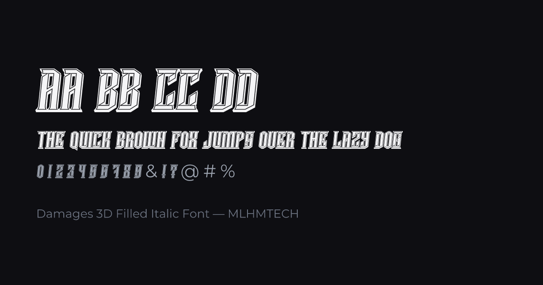 Damages 3D Filled Italic Font typeface specimen — alphabet and sample text