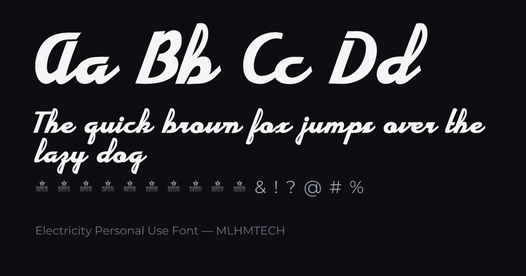 Electricity Personal Use Font typeface specimen — alphabet and sample text