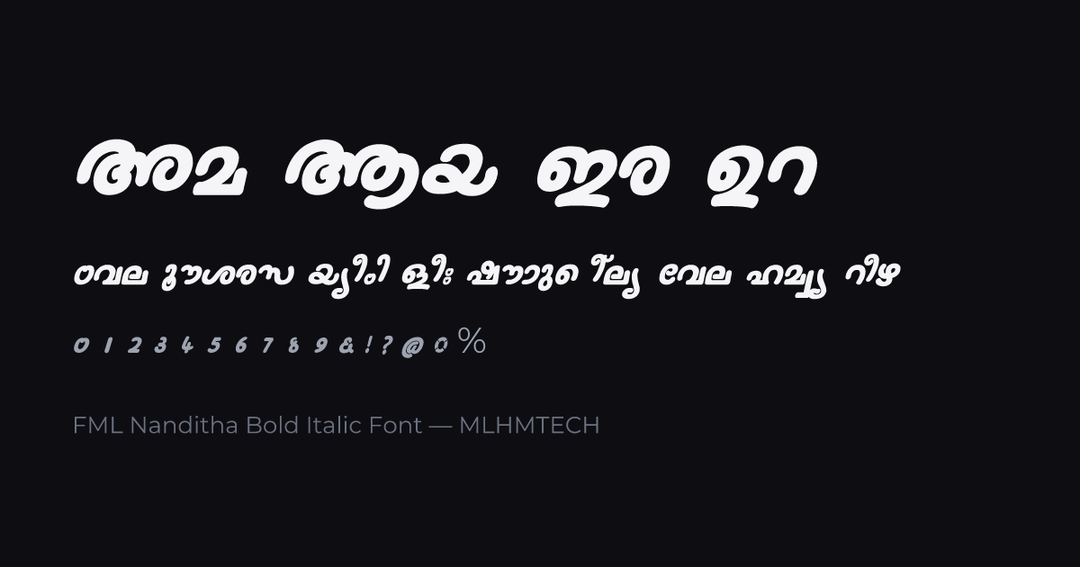 FML Nanditha Bold Italic Font typeface specimen — alphabet and sample text