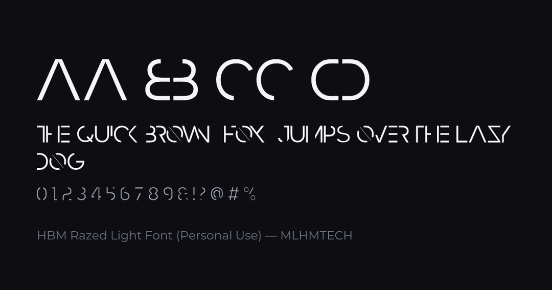 HBM Razed Light Font (Personal Use) typeface specimen — alphabet and sample text