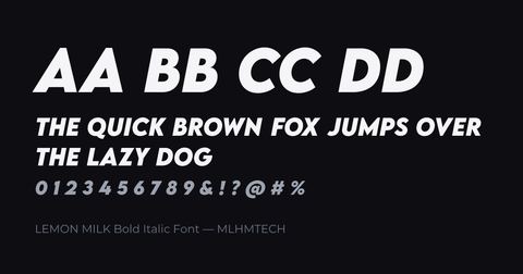LEMON MILK Bold Italic Font typeface specimen — alphabet and sample text
