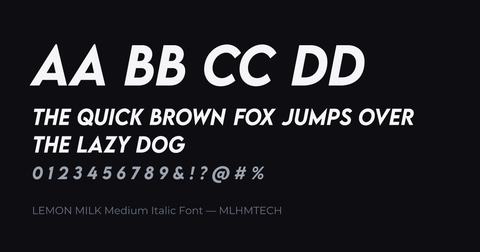 LEMON MILK Medium Italic Font typeface specimen — alphabet and sample text