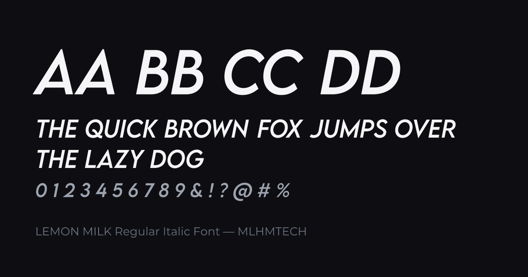 LEMON MILK Regular Italic Font typeface specimen — alphabet and sample text