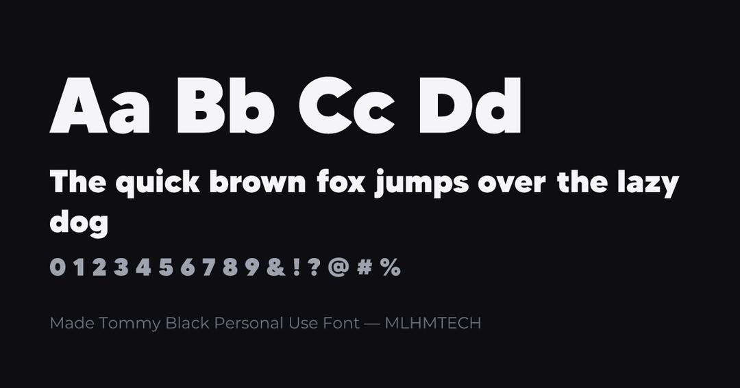 Made Tommy Black Personal Use Font typeface specimen — alphabet and sample text