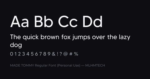 MADE TOMMY Regular Font (Personal Use) typeface specimen — alphabet and sample text