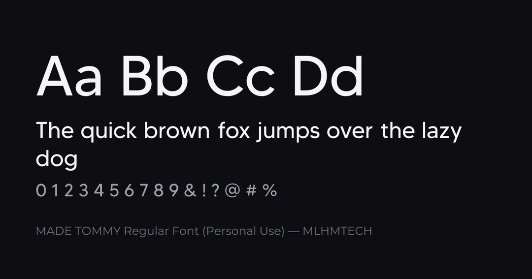 MADE TOMMY Regular Font (Personal Use) typeface specimen — alphabet and sample text