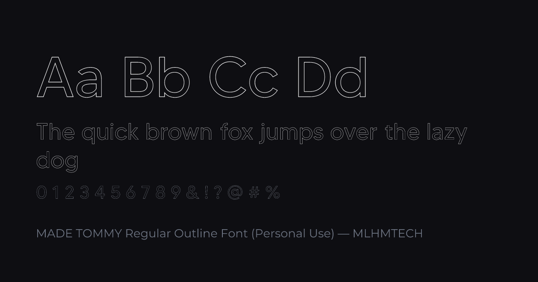MADE TOMMY Regular Outline Font (Personal Use) typeface specimen — alphabet and sample text