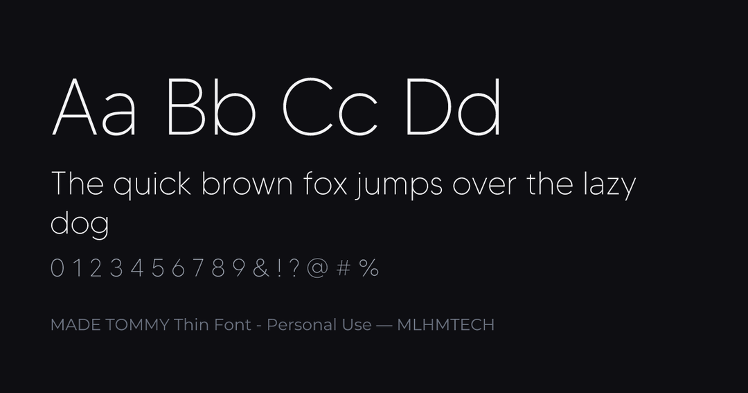 MADE TOMMY Thin Font - Personal Use typeface specimen — alphabet and sample text