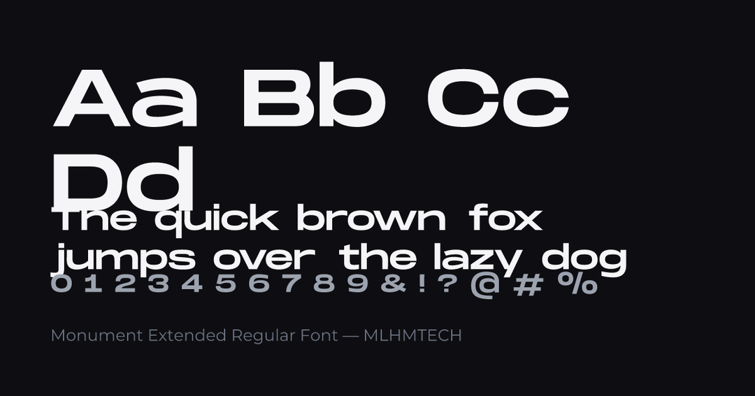 Monument Extended Regular Font typeface specimen — alphabet and sample text