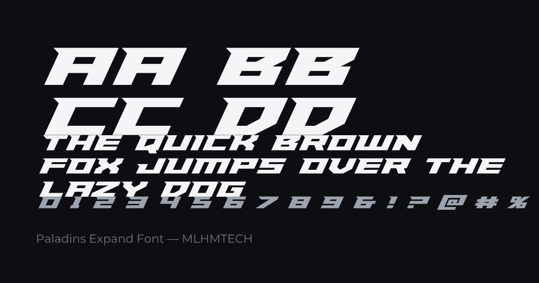 Paladins Expand Font typeface specimen — alphabet and sample text