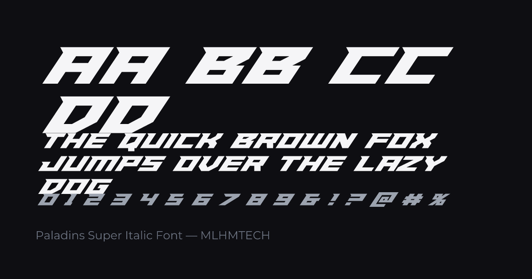 Paladins Super Italic Font typeface specimen — alphabet and sample text