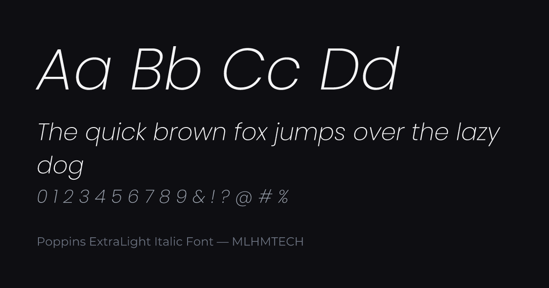 Poppins ExtraLight Italic Font typeface specimen — alphabet and sample text