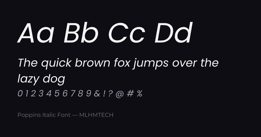 Poppins Italic Font typeface specimen — alphabet and sample text