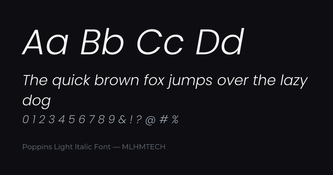 Poppins Light Italic Font typeface specimen — alphabet and sample text