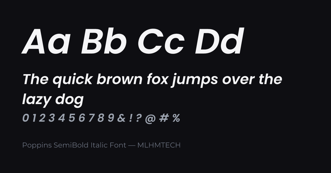 Poppins SemiBold Italic Font typeface specimen — alphabet and sample text