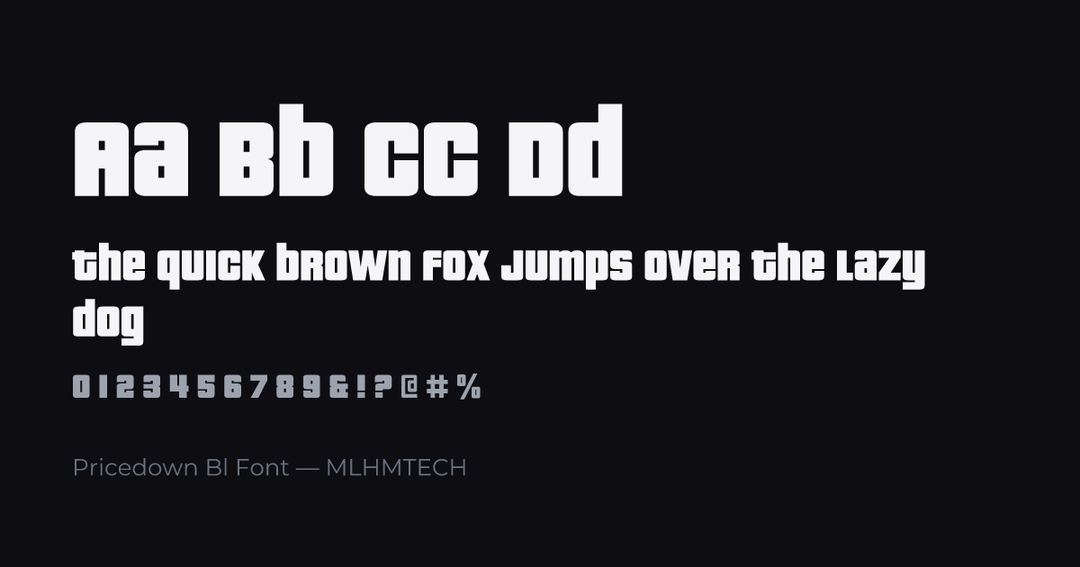 Pricedown Bl Font typeface specimen — alphabet and sample text