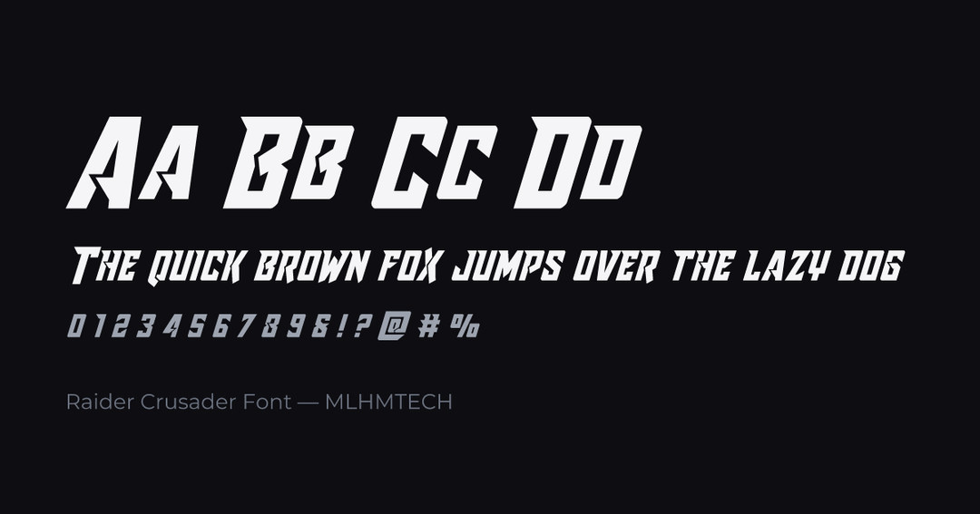 Raider Crusader Font typeface specimen — alphabet and sample text