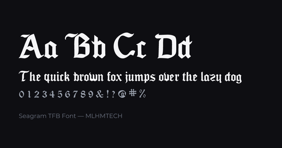Seagram TFB Font typeface specimen — alphabet and sample text