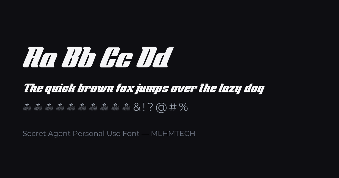 Secret Agent Personal Use Font typeface specimen — alphabet and sample text
