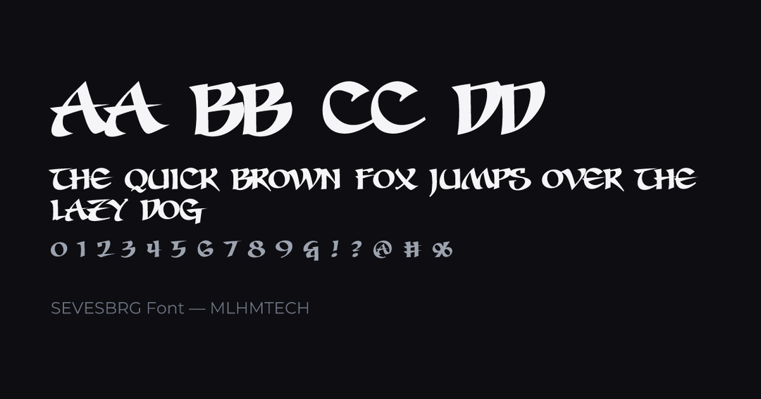 SEVESBRG Font typeface specimen — alphabet and sample text